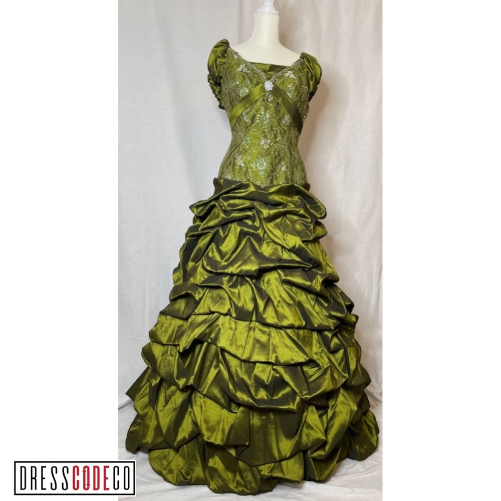 Renaissance inspired olive ball gown.